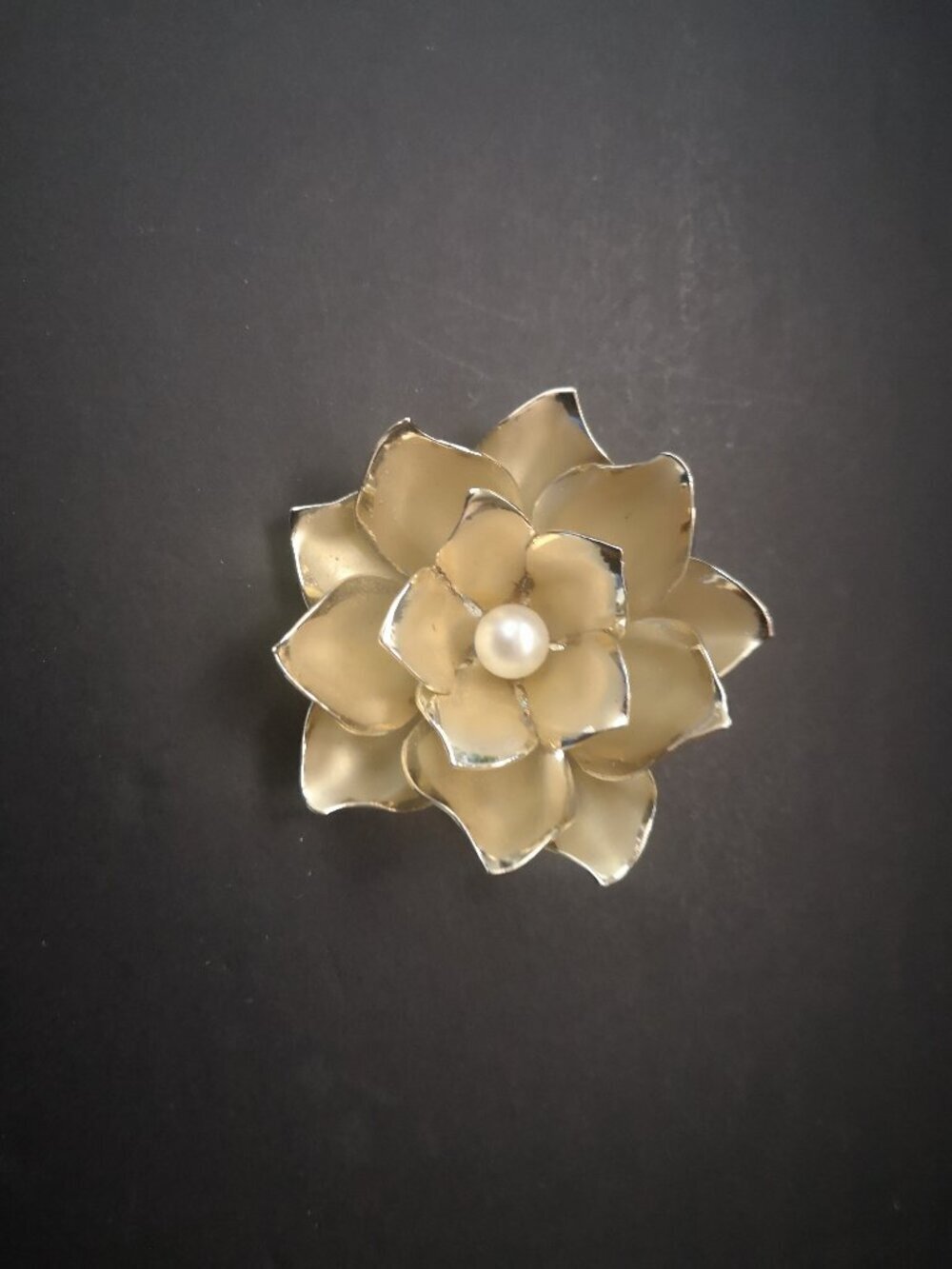Vintage Gold Tone with Silver Tone Edges Metal Flower Brooch Faux Pearl Center